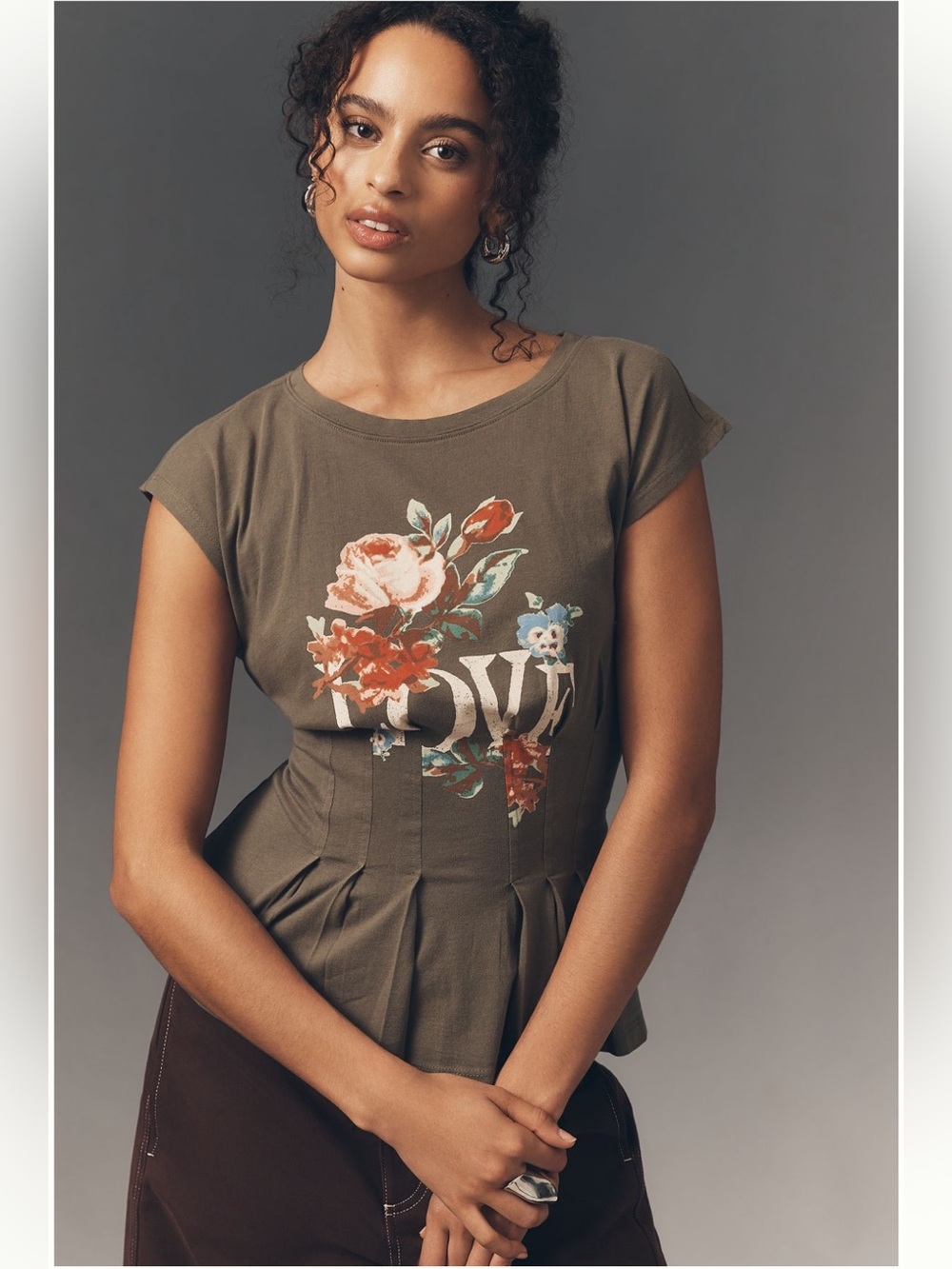 Anthropologie Graphic Darted Peplum Tee — LOVE floral, olive, NWT, S